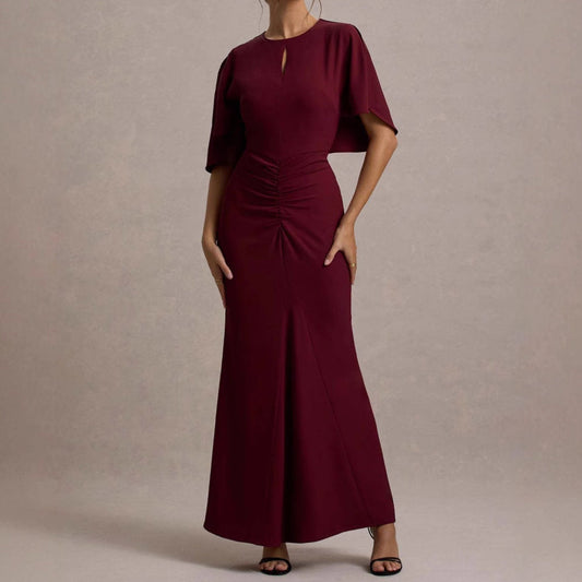 Women’s Maxi Dress – Fitted Silhouette – Ruched Waist – Flutter Sleeves – Luxury Fabric