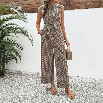 Women’s Jumpsuit – Geometric Print – Sleeveless – Tie Waist – Full Length – Lightweight
