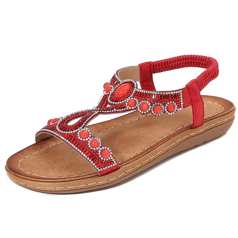 Women’s Thong Sandals – Flat Sole – Cushioned Footbed – Boho Crystal Embellished