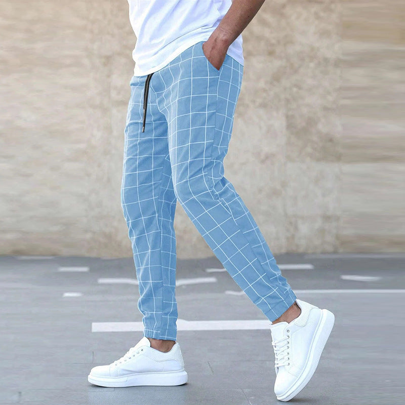 Men’s Jogger Pants – Cotton Blend – Tapered Fit – Grid Pattern – Elastic Waist