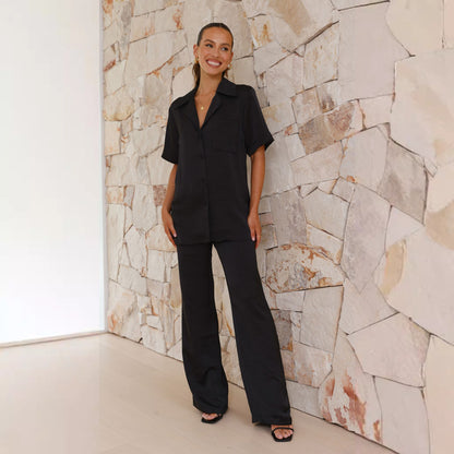 Women’s Pajama Set – Silky Relaxed Fit – Button-Down Top – Full-Length Pants