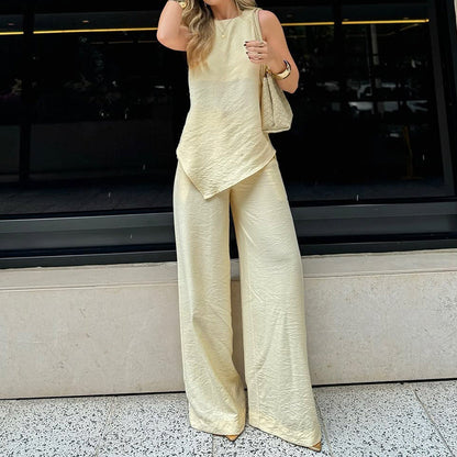 Women’s Two-Piece Set – Asymmetrical Hem Top – Wide-Leg Pants – Crinkled Texture