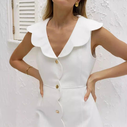 Women’s Denim Dress – Tailored Fit – Sleeveless – Scalloped Placket – Above Knee Length