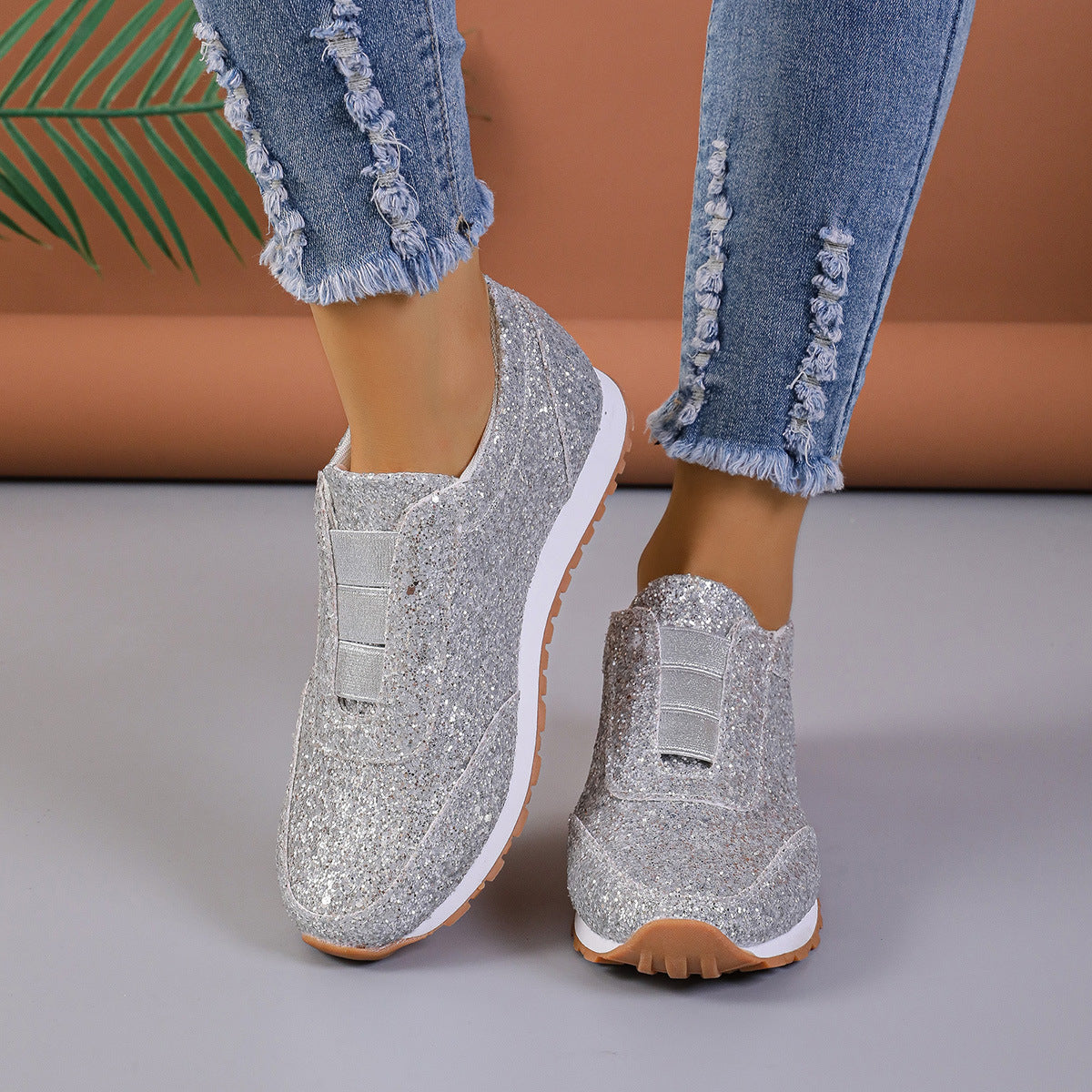 Women’s Slip-On Sneakers – Sequin Upper – Low Profile – Cushioned Sole – Casual Wear