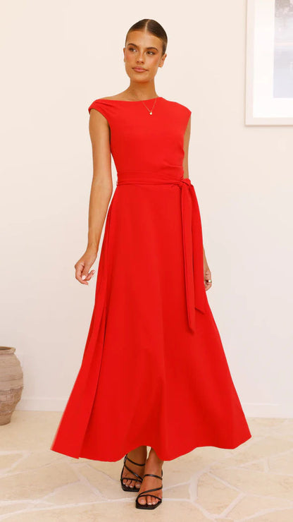 Women’s Maxi Dress – One-Shoulder – Satin Finish – Waist Tie – Elegant Silhouette