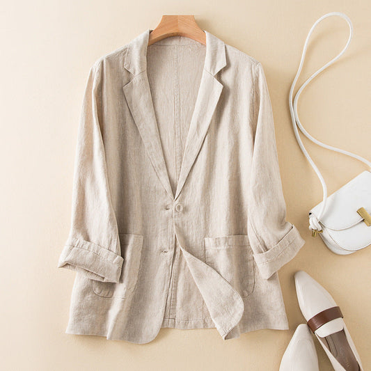 Women’s Casual Jacket – Relaxed Fit – Natural Fibers – Long Sleeve Lapel – Front Pockets