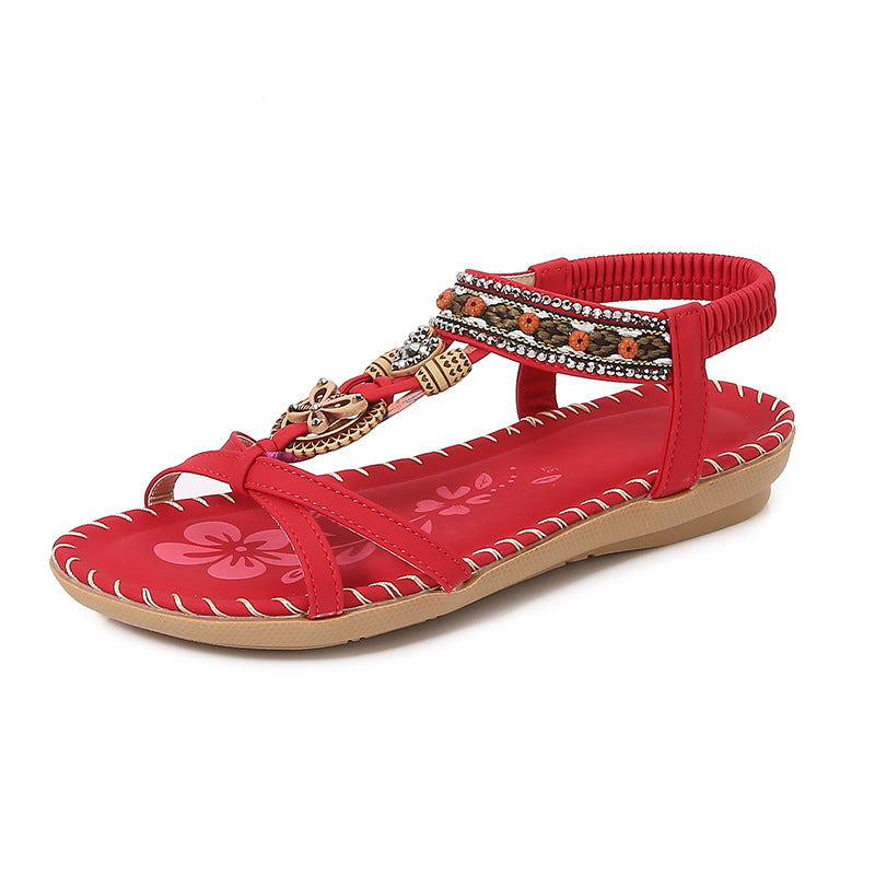 Women’s Flat Sandals – Open Toe – Rhinestone Straps – Boho Braided Detail