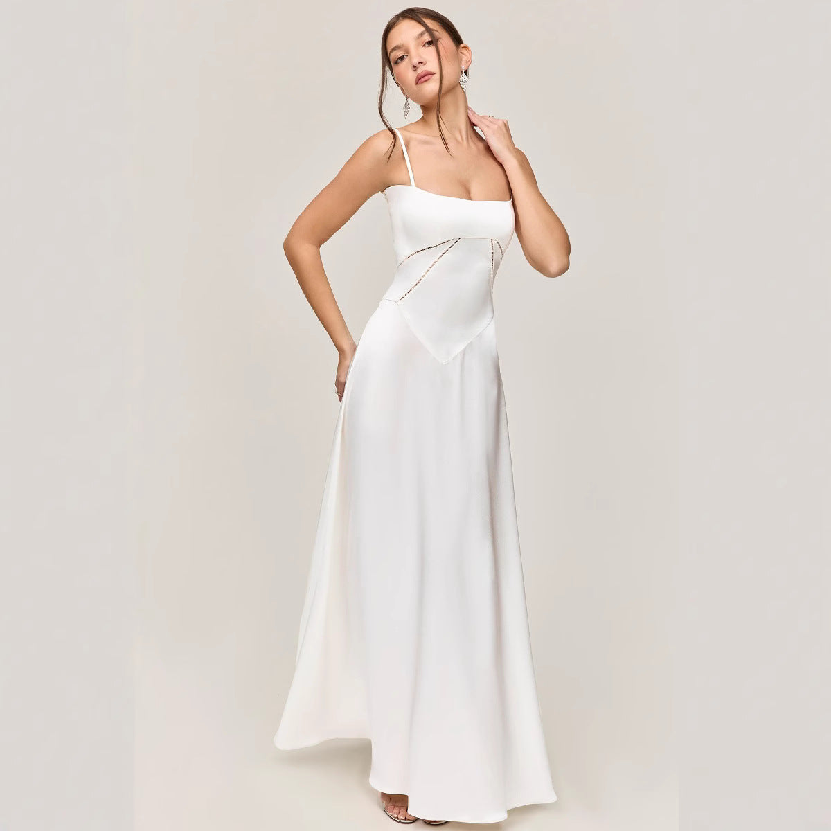 Women’s Midi Dress – Slim Fit – Satin Feel – Lace Panel – Spaghetti Straps – Cut-Out Detail