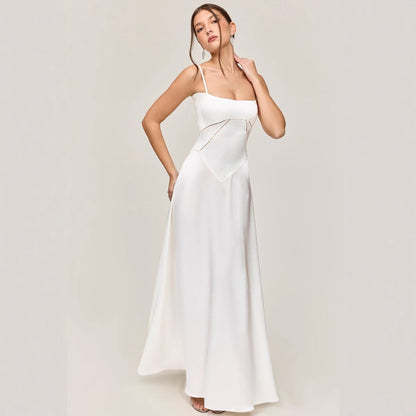 Women’s Midi Dress – Slim Fit – Satin Feel – Lace Panel – Spaghetti Straps – Cut-Out Detail