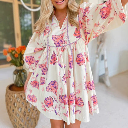Women’s Dress – Flowy Fit – Bold Floral Print – V-Neck – Long Sleeve – Cotton Blend