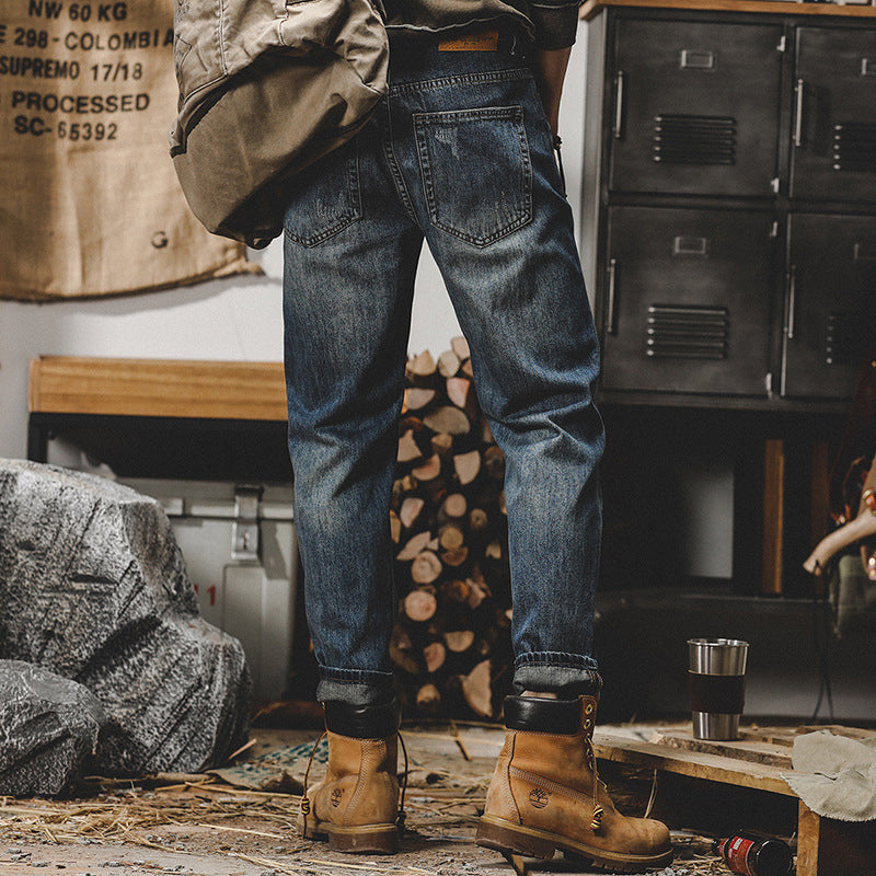 Men’s Jeans – Relaxed Fit – Straight Leg – Stone Washed Distressed Denim – Casual Wear
