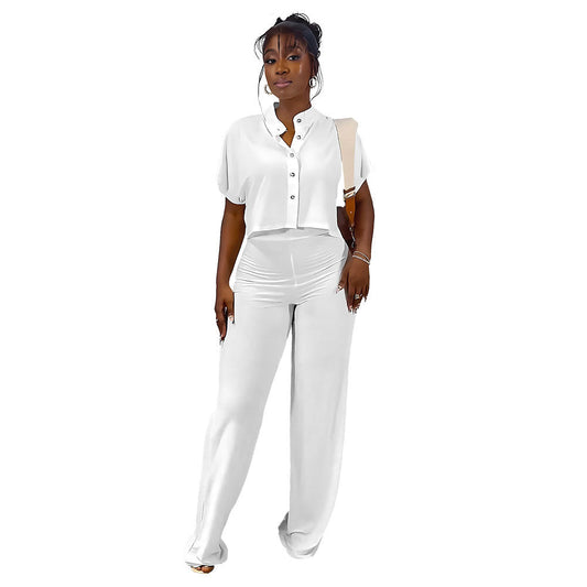 Women’s Two-Piece Set – Knit – Cropped Button-Up Top – High-Waist Pants