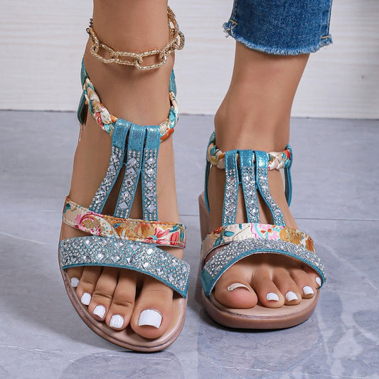 Women’s Wedge Sandals – Rhinestone T-Strap – Braided Floral Ankle – Boho Style