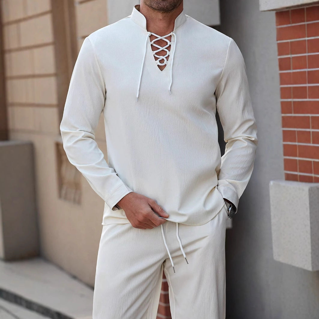 Men's Henley Shirt – Cotton Linen Blend – Relaxed Fit – Lace-Up Chest – Band Collar