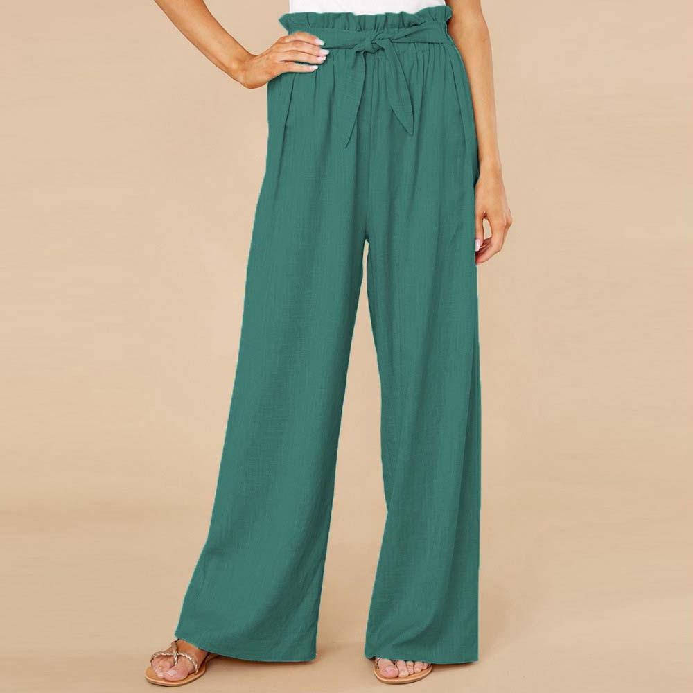 Women’s Wide-Leg Pants – Cotton Linen Blend – High Waist – Elastic Tie Belt