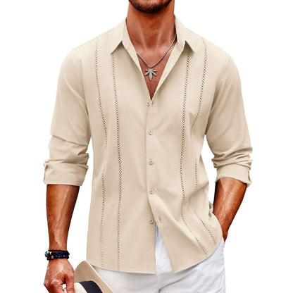 Men’s Long Sleeve Shirt – Slim Fit – Cotton Blend – Button-Front – Minimalist Vertical Dot Detailing