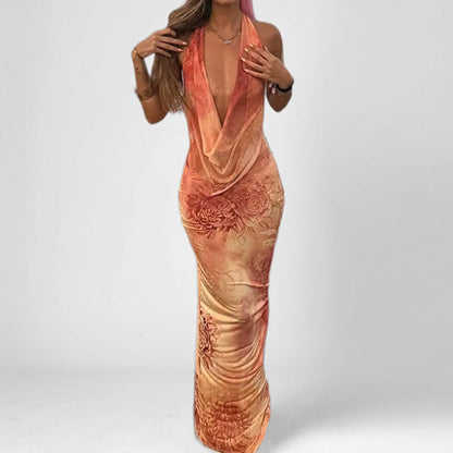 Women’s Halter Neck Dress – Satin Feel – Slim Fit – Backless – Floral – Ankle Length
