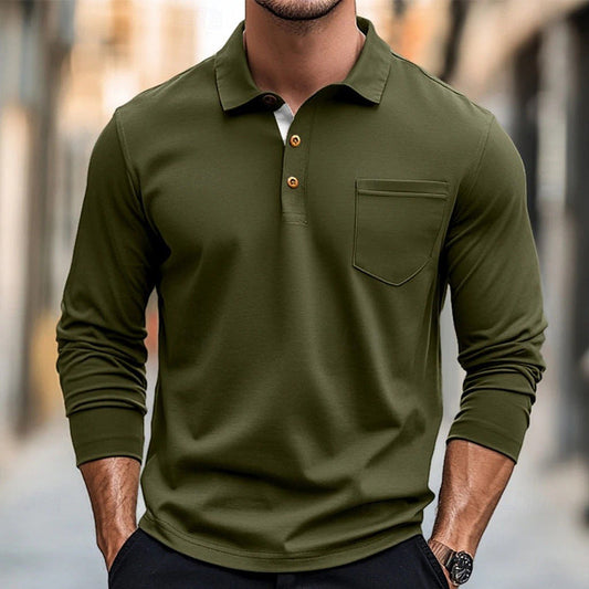 Men’s Long Sleeve Polo Shirt – Cotton – Slim Fit – Chest Pocket – Button Placket
