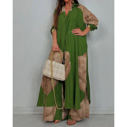 Women’s Two-Piece Set – Relaxed Fit Long Shirt – Button-Down – Wide-Leg Cotton Pants