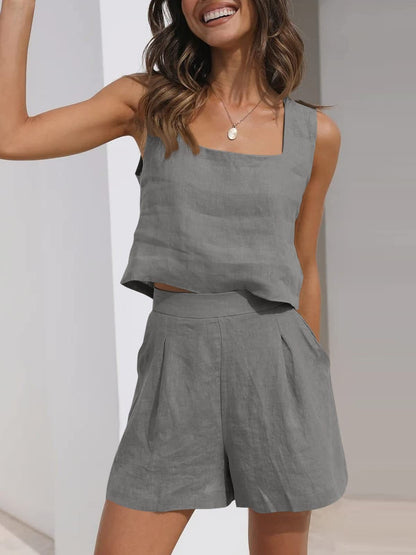 Women’s Two-Piece Set – Linen Blend – Cropped Sleeveless Top – High Waist Pleated Shorts