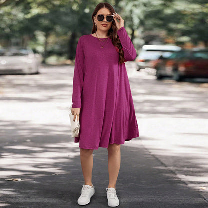 Women’s Long Sleeve Dress – Relaxed Fit – Knit Fabric – Midi Length with Pockets