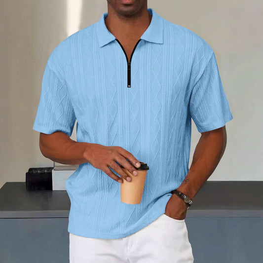 Men's Polo Shirt - Knit - Relaxed Fit - Zip Collar - Textured Cable Pattern