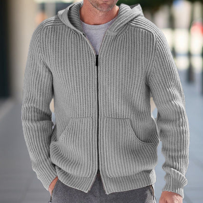 Men’s Knit Cardigan – Hooded – Relaxed Fit – Ribbed Texture – Long Sleeve Casual Wear