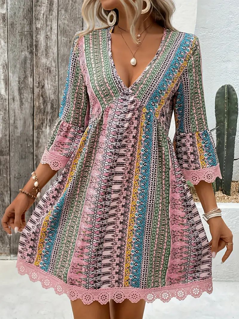 Women’s A-Line Dress – V-Neck Boho Print – Lace Trim – 3/4 Sleeve Breathable Fit