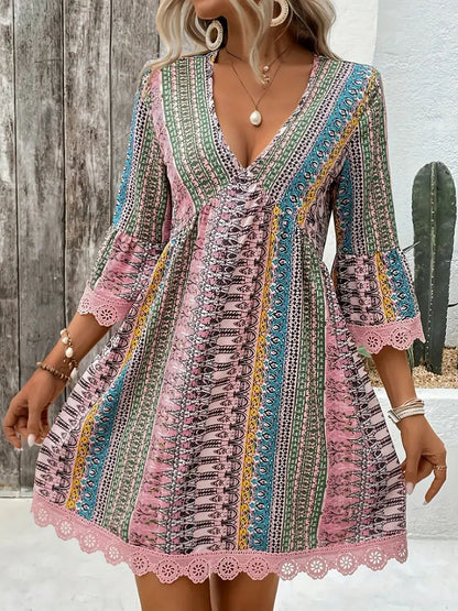 Women’s A-Line Dress – V-Neck Boho Print – Lace Trim – 3/4 Sleeve Breathable Fit