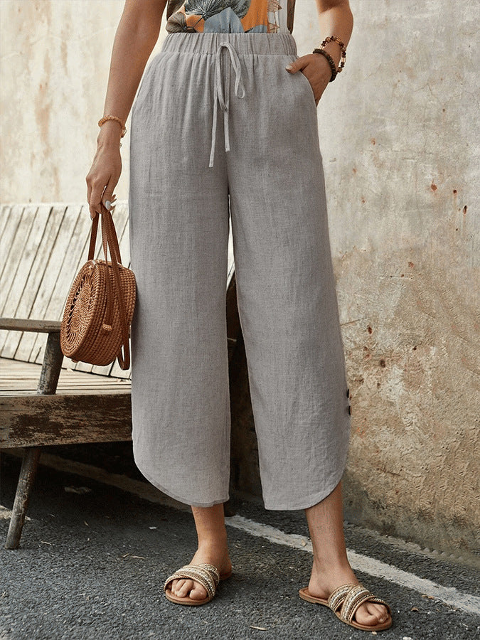 Women’s Cropped Pants – Cotton Linen Blend – High Waist – Wide Leg – Drawstring Waist