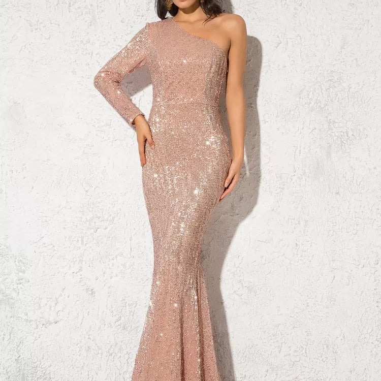 Women’s Evening Gown – One Shoulder – Sequined – Slim Fit – Mermaid Silhouette