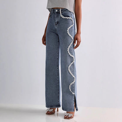 Women’s Straight Leg Jeans – Relaxed Fit – Rhinestone Trim – Full Length Denim