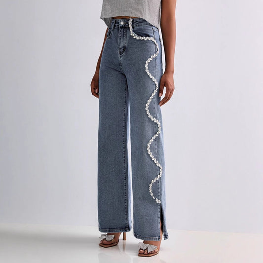 Women’s Straight Leg Jeans – Relaxed Fit – Rhinestone Trim – Full Length Denim