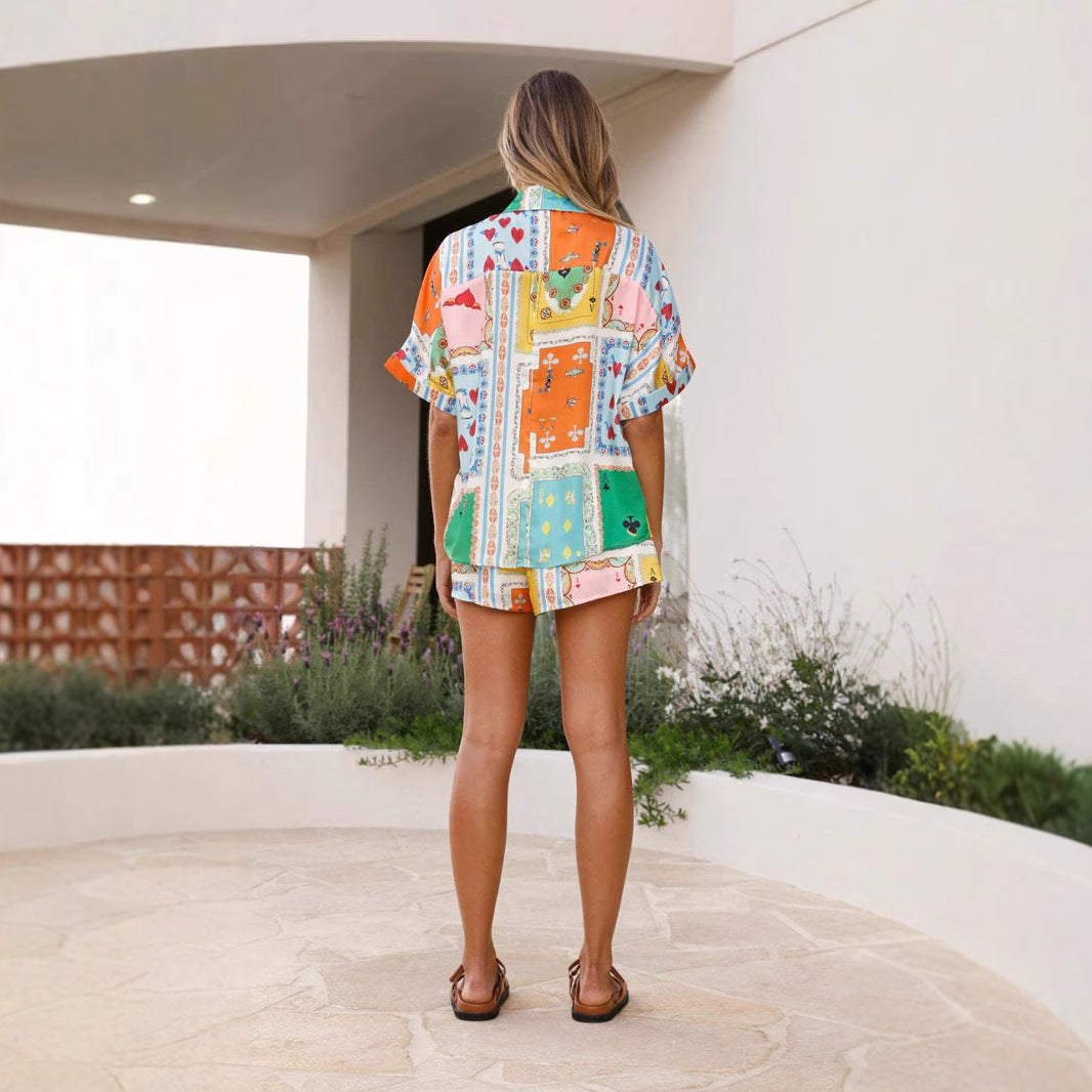 Women’s Shirt and Shorts Set – Lightweight Cotton – Relaxed Fit – Button-Up Top