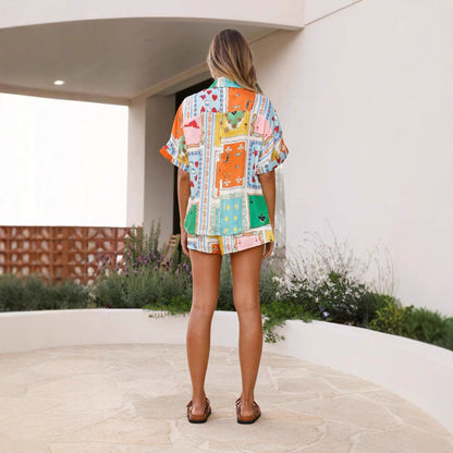 Women’s Shirt and Shorts Set – Lightweight Cotton – Relaxed Fit – Button-Up Top