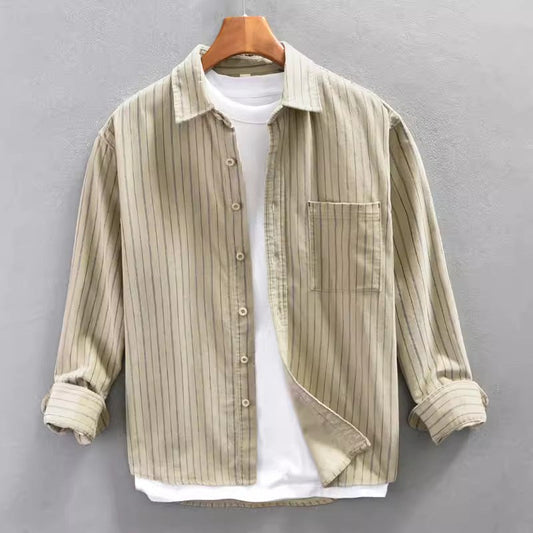 Men’s Long Sleeve Shirt – Relaxed Fit – Vertical Stripes – Lightweight Cotton Blend