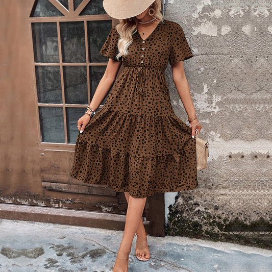 Women’s Midi Dress – A-Line Fit – Button-Down – Puff Sleeves – Polka Dot – Cotton
