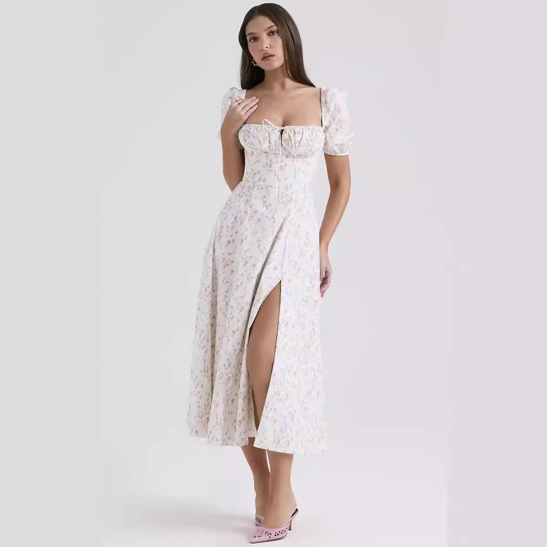 Women’s Midi Dress – Cotton A-Line – Square Neck – Puff Sleeve – Front Slit
