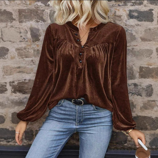 Women’s Long Sleeve Top – Velvet Texture – V-Neck with Button – Relaxed Fit