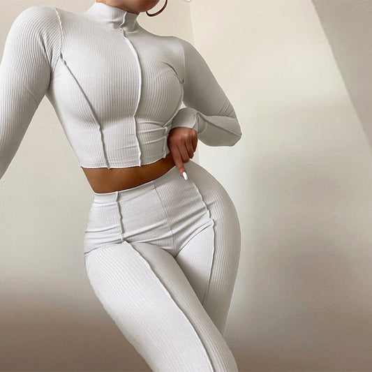 Women’s Crop Top and Leggings Set – Ribbed Knit – Slim Fit – High Waist – Long Sleeve