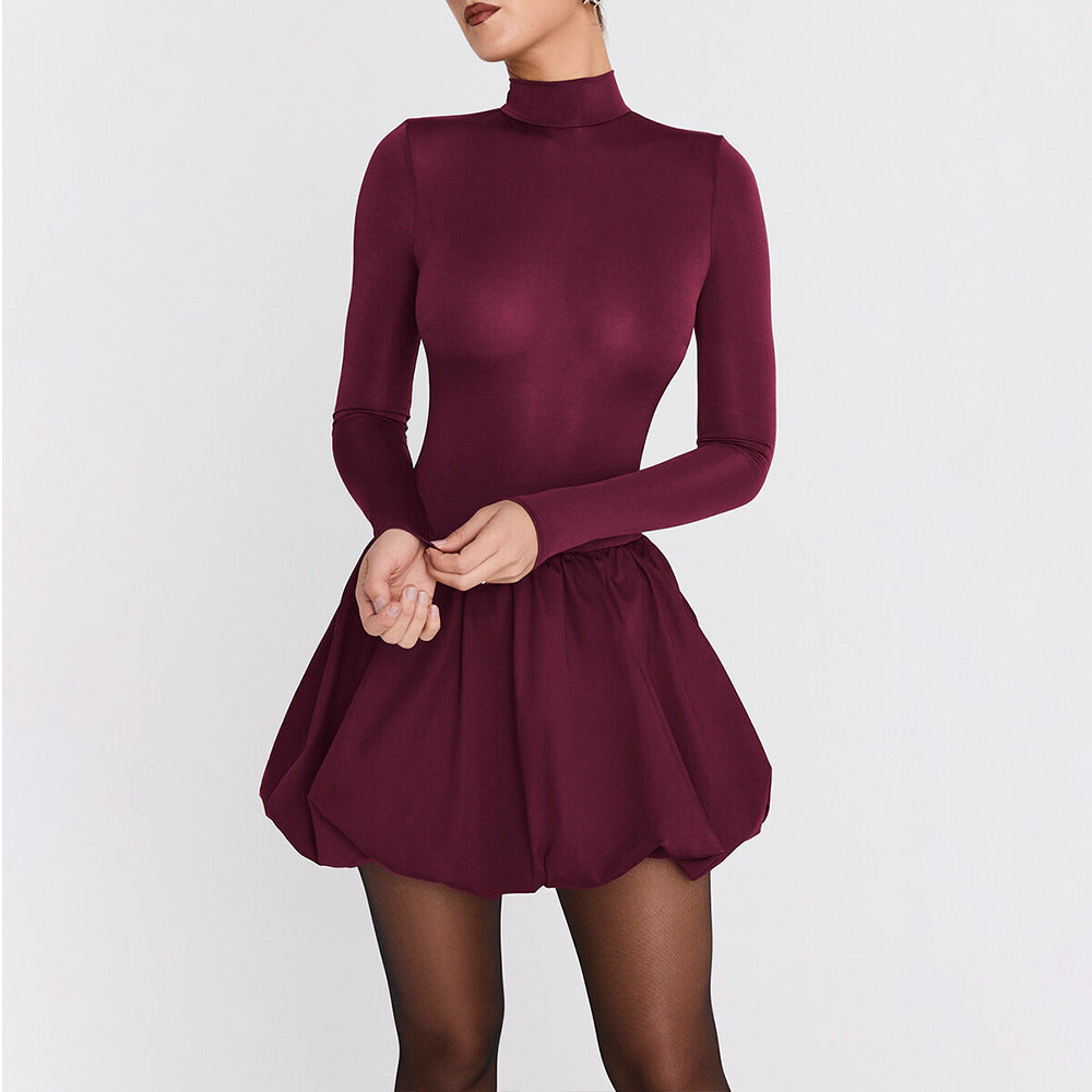Women’s Mini Dress – Slim Fit – High Neck – Long Sleeve – Gathered A-Line Skirt