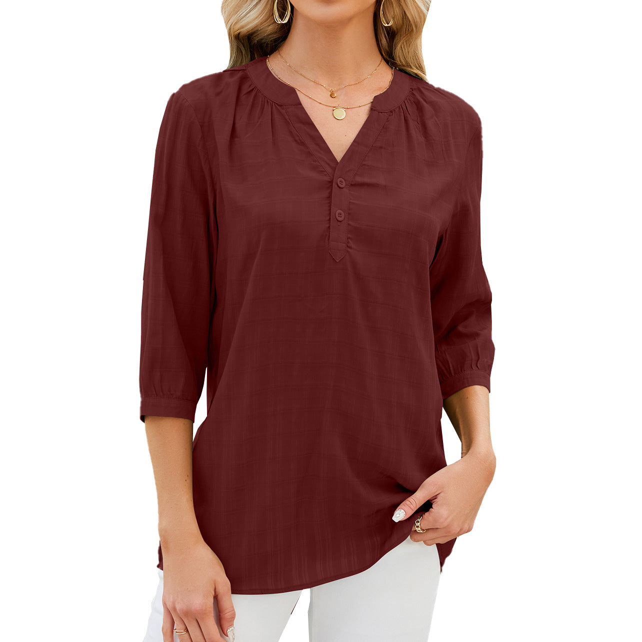 Women’s Blouse – Relaxed Fit – Cotton Blend – 3/4 Sleeve – Button Front