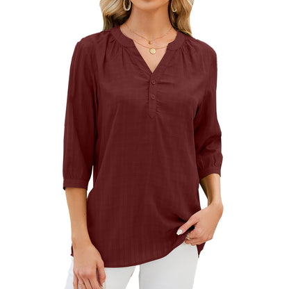 Women’s Blouse – Relaxed Fit – Cotton Blend – 3/4 Sleeve – Button Front
