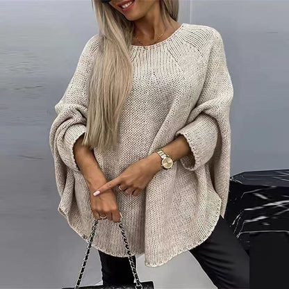 Women’s Knit Cape Sweater – Oversized Fit – Chunky Texture – Mid-Thigh Length