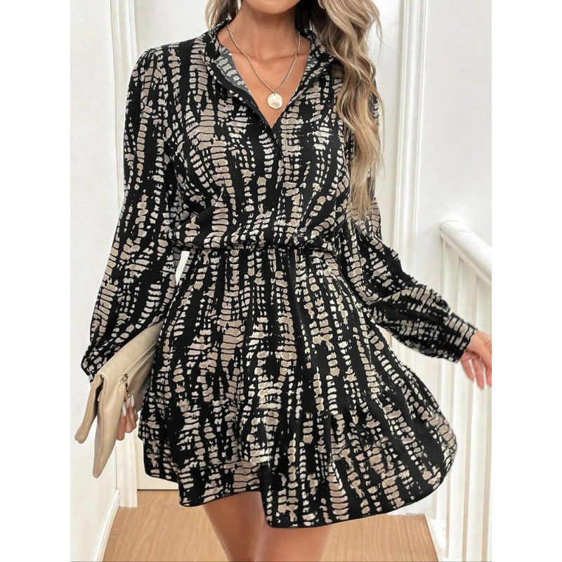 Women’s Midi Dress – Relaxed Fit – Abstract Print – Button-Up Collar – Long Sleeves