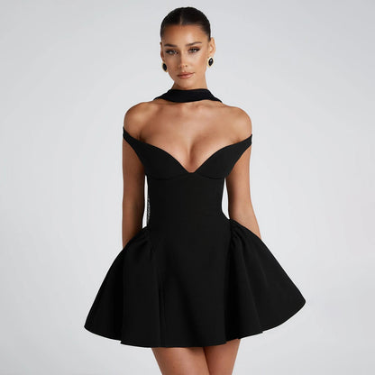 Women’s Cocktail Dress – Satin Finish – Slim Fit – Off Shoulder – Backless Mini A-Line