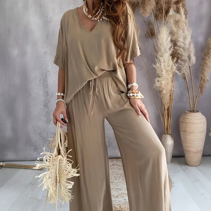 Women’s Lounge Set – Soft Modal – Relaxed Fit – V-Neck Top – Wide-Leg Pants