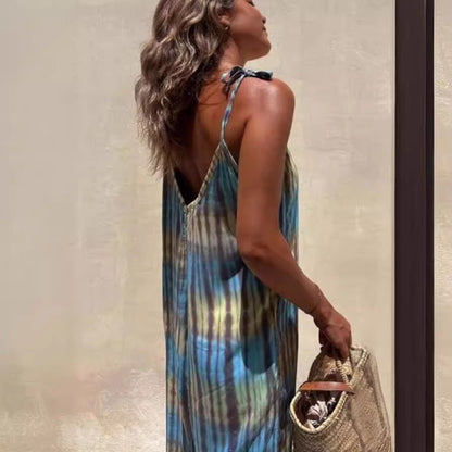 Women’s Jumpsuit – Loose Fit – Adjustable Straps – V-Neck – Striped – Tie Waist