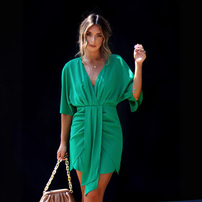 Women’s Skater Dress – V-Neck – Draped Waist – Asymmetrical Hem – Soft Breathable Fit