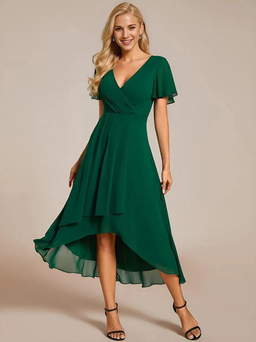 Women's Asymmetric Hem Dress - V-Neck - Flared Short Sleeves - Elegantly Draped